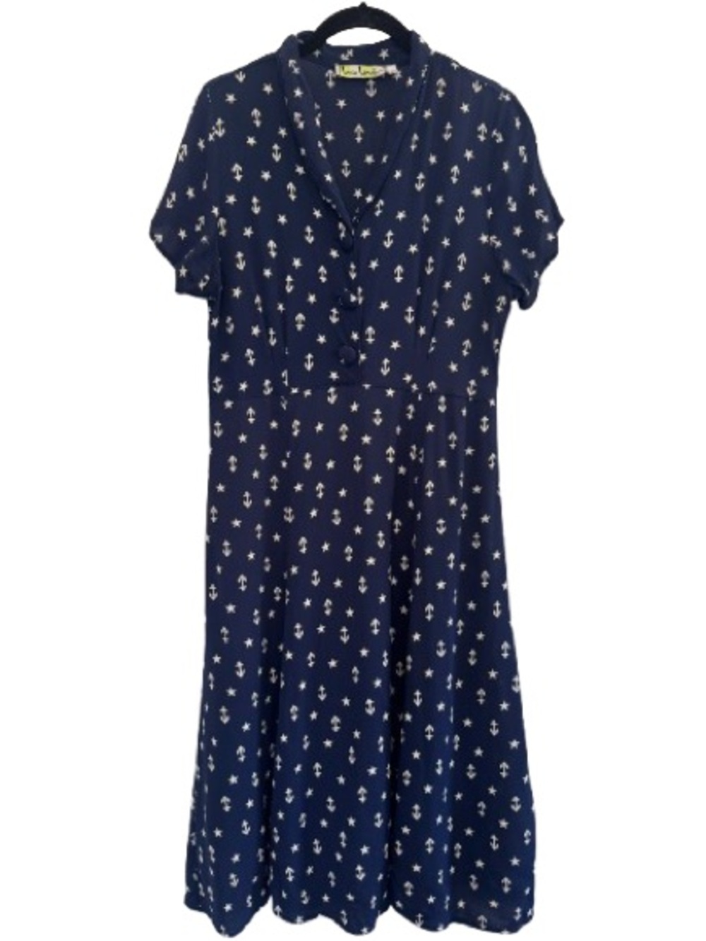 Loco Lindo Blue Nautical 1940s Style Day Dress Rayon Crepe Retro Stars Anchors